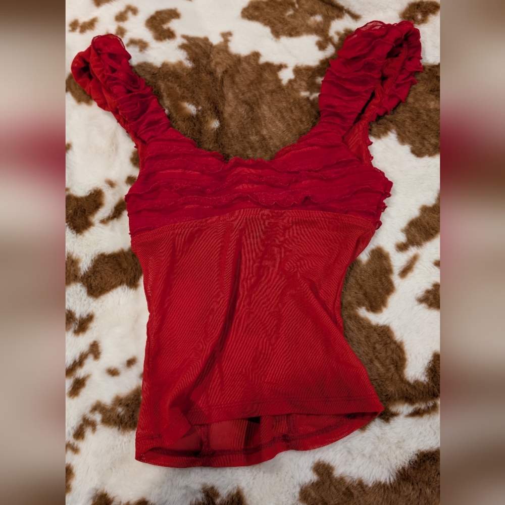 🎉Kimchi Blue Red Ruched Sheer Blouse - Picture 5 of 5